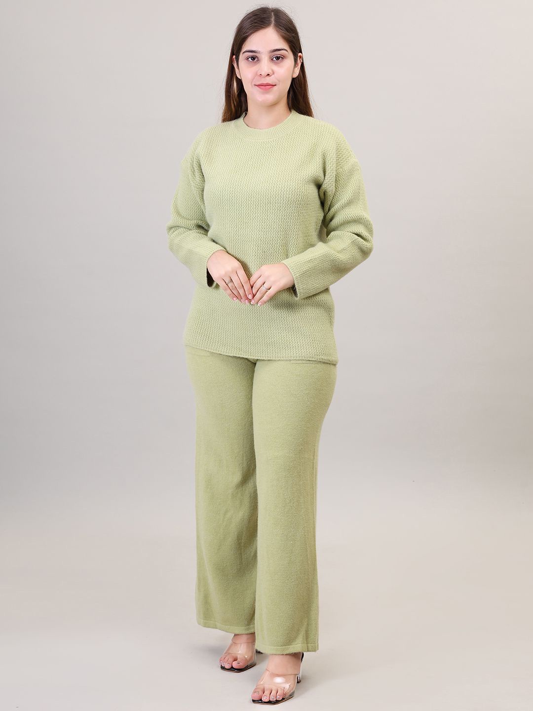 

Camey Self Design Woollen Sweater & Palazzo, Green