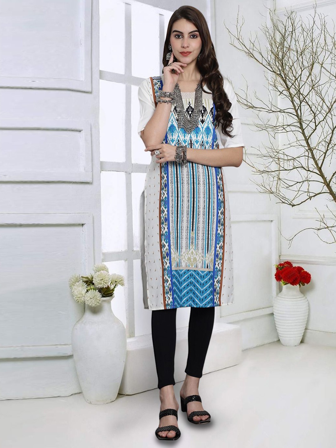 

7Threads Women Geometric Printed Kurta, White
