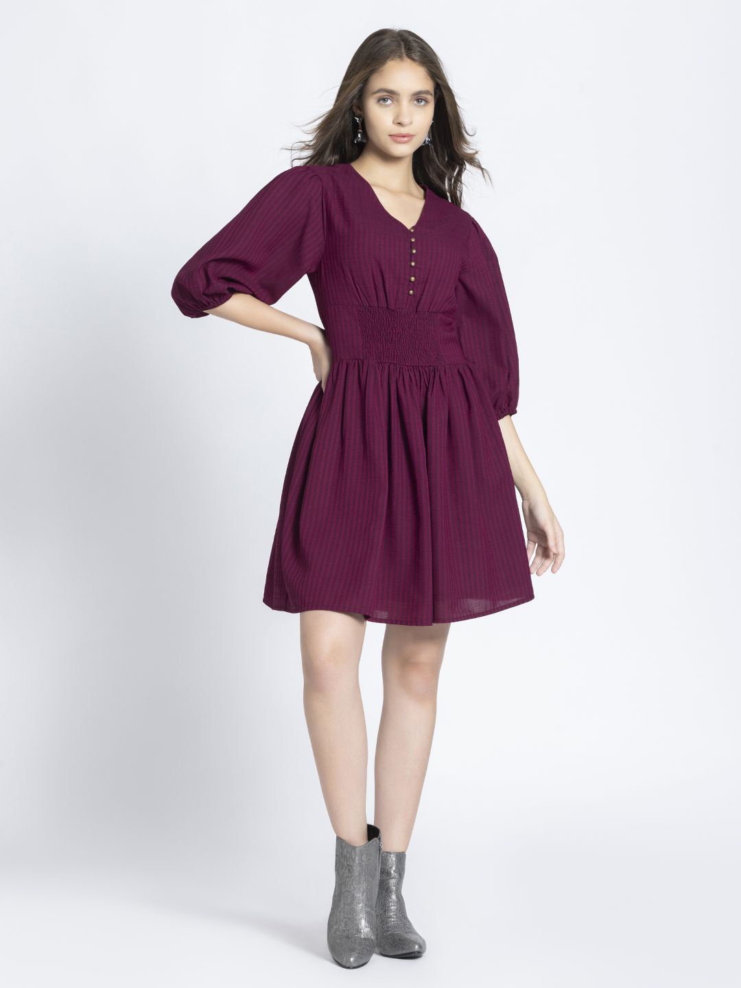 

SHAYE Striped Puff Sleeve Fit & Flare Dress, Burgundy