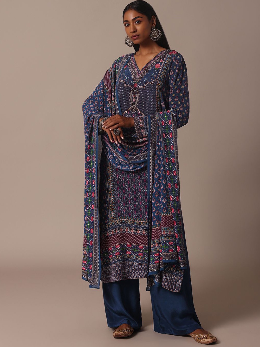 

KALKI Fashion Floral Printed Beads and Stones Kurta with Palazzos & Dupatta, Blue