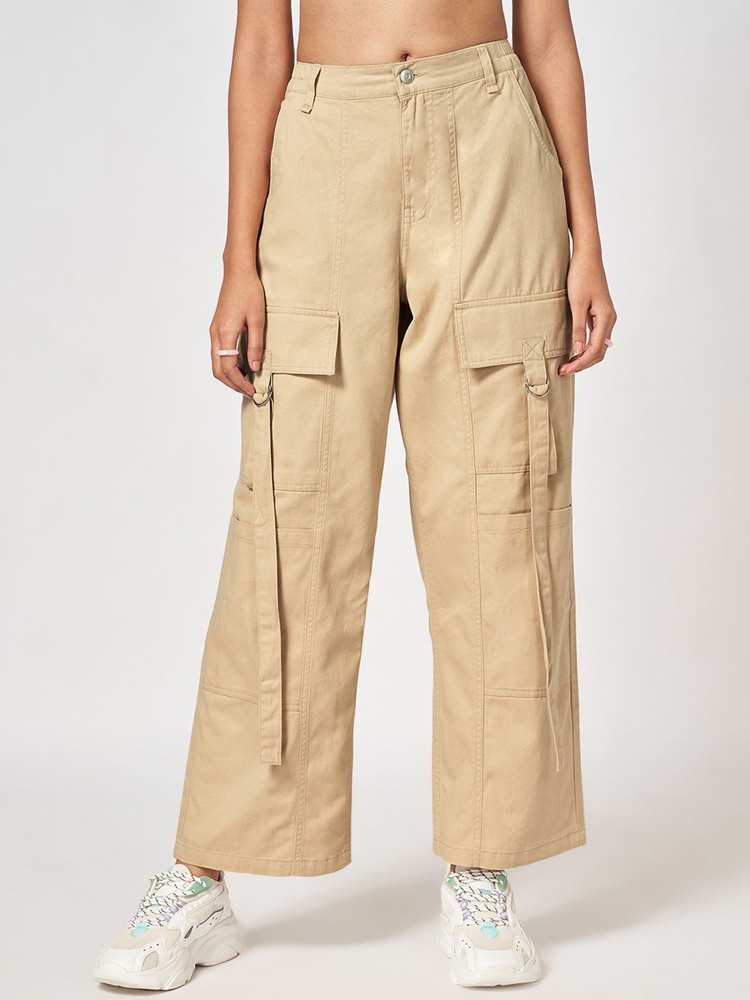 

People Women Solid High-Rise Trousers, Beige