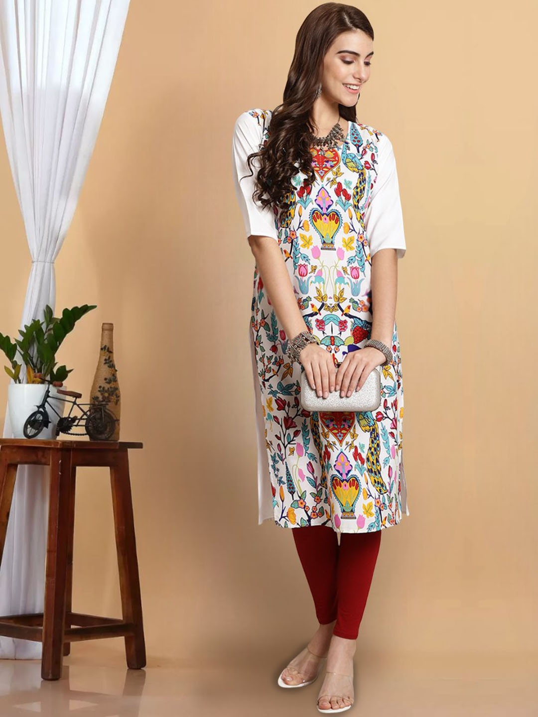 

7Threads Floral Printed Round Neck Crepe Straight Kurta, White