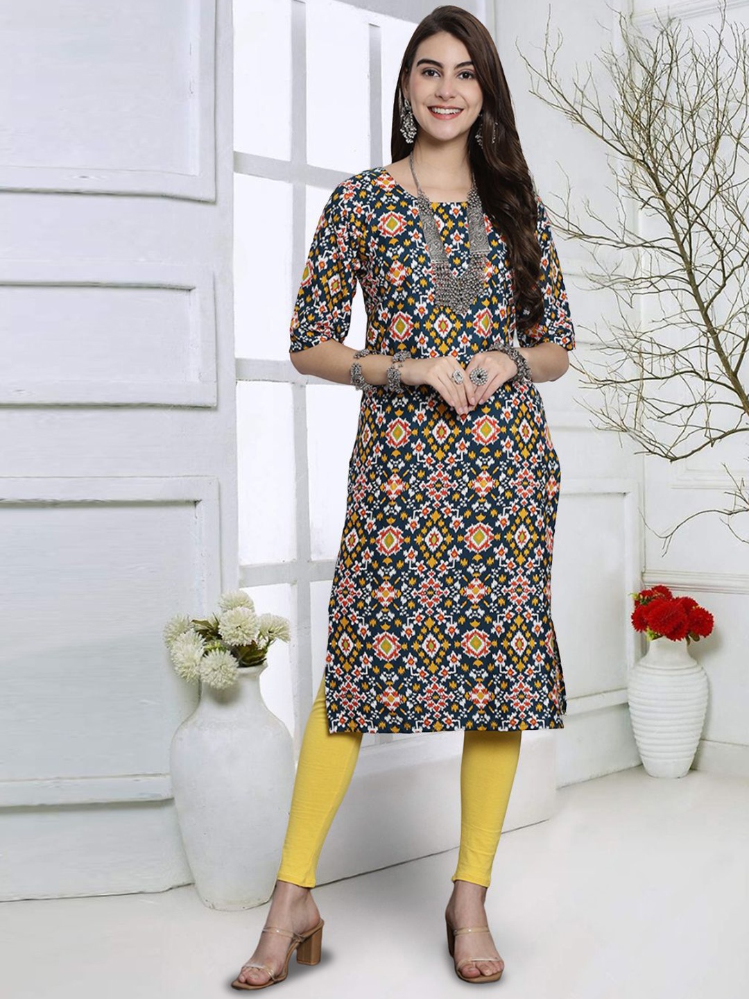 

7Threads Geometric Printed Round Neck Straight Kurta, Teal