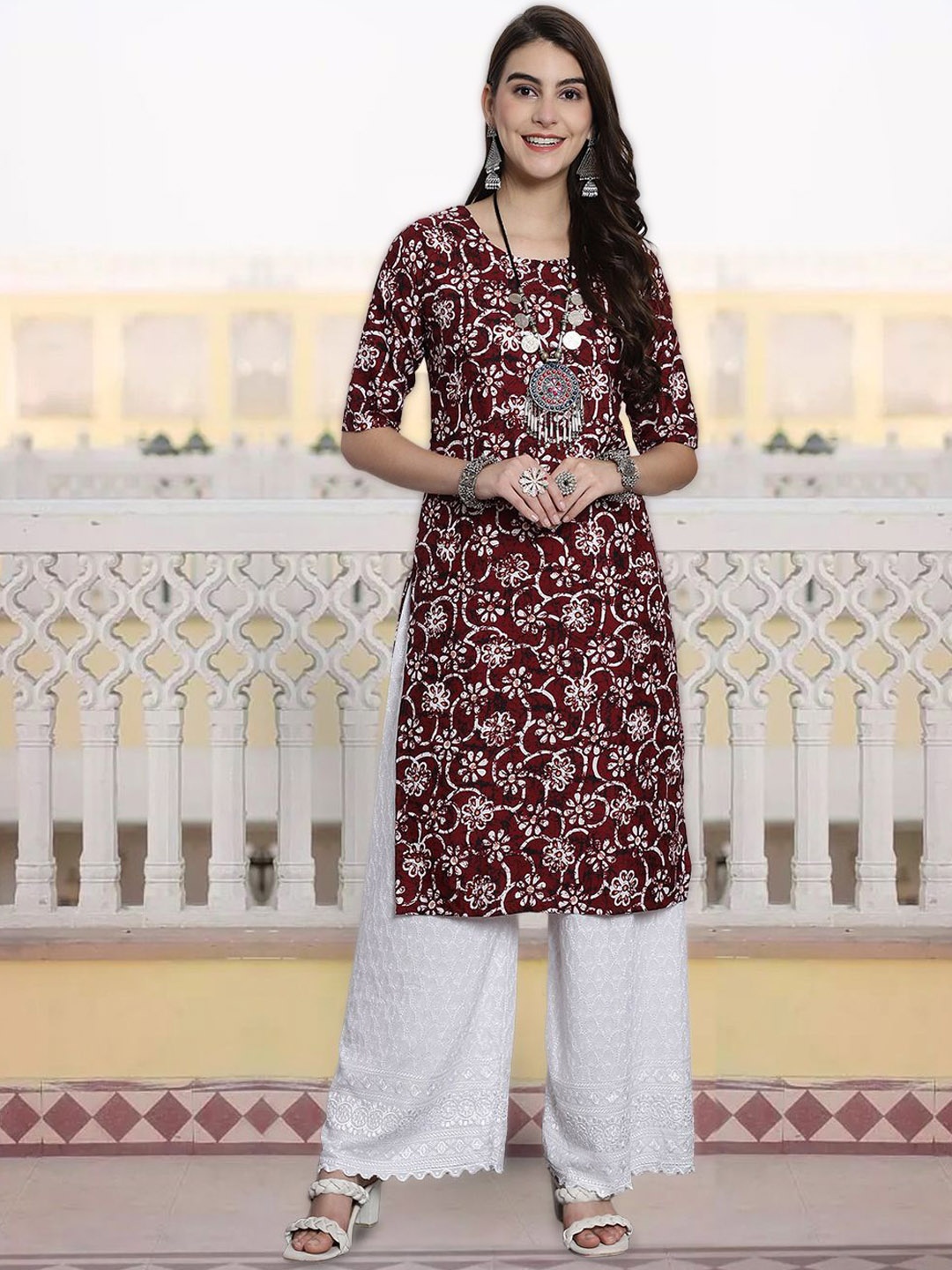 

7Threads Floral Printed Straight Kurta, Red