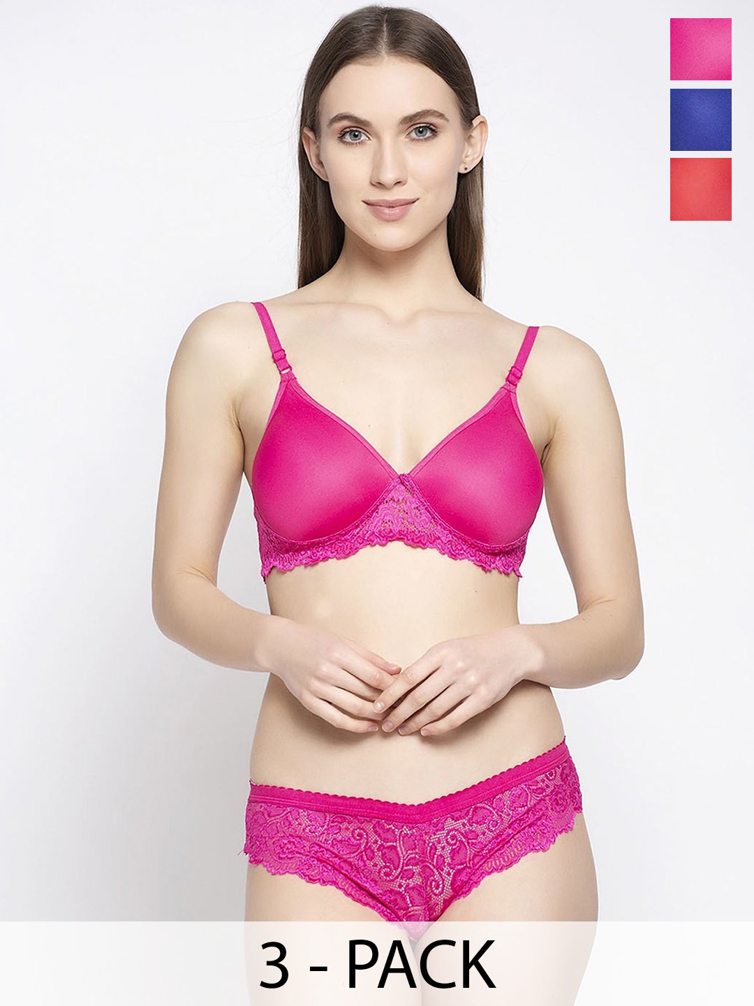 

AROUSY Pack Of 3 Self-Designed Lace Padded Lingerie Set, Red