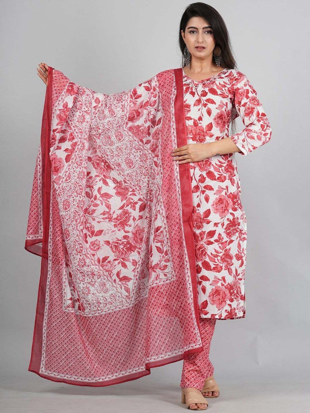 

Moktika Floral Printed Pure Cotton Straight Kurta with Trousers & With Dupatta, Red