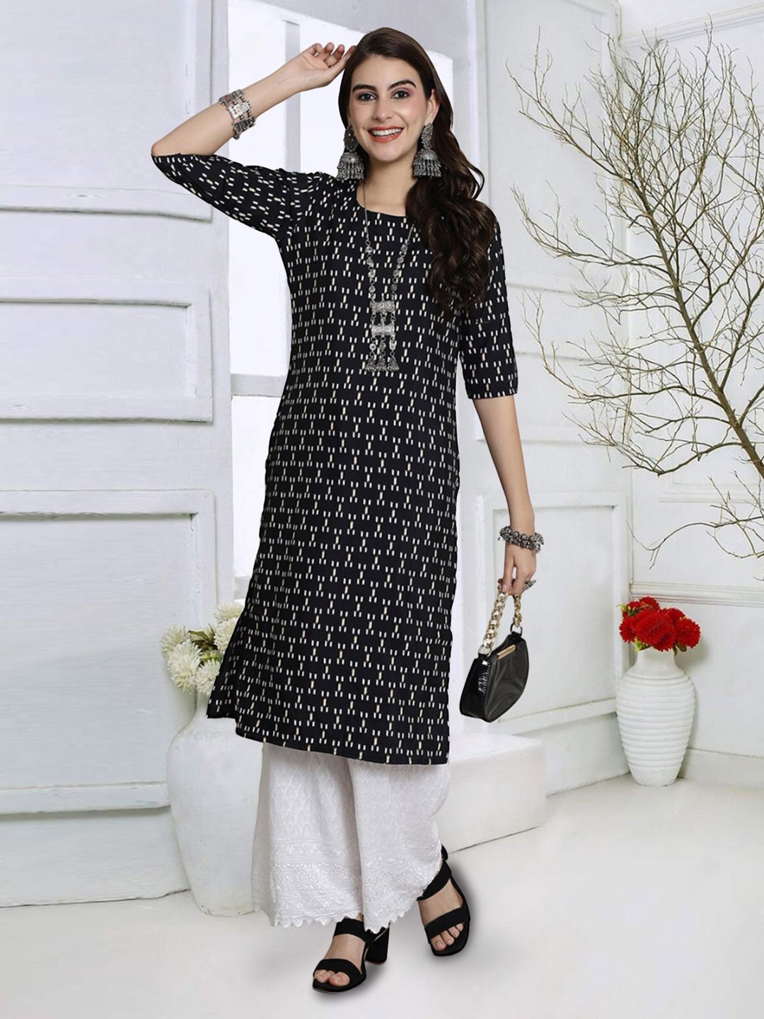 

7Threads Geometric Printed Straight Kurta, Black