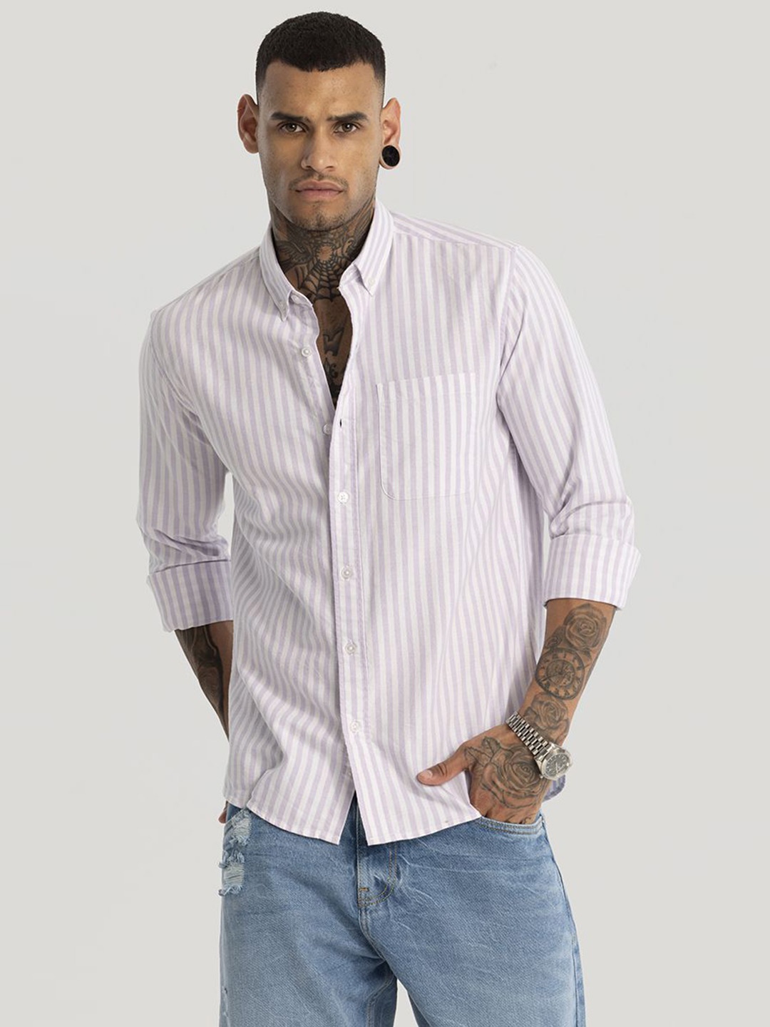 

Snitch Men Smart Button-Down Collar Striped Cotton Slim Fit Casual Shirt, Lavender