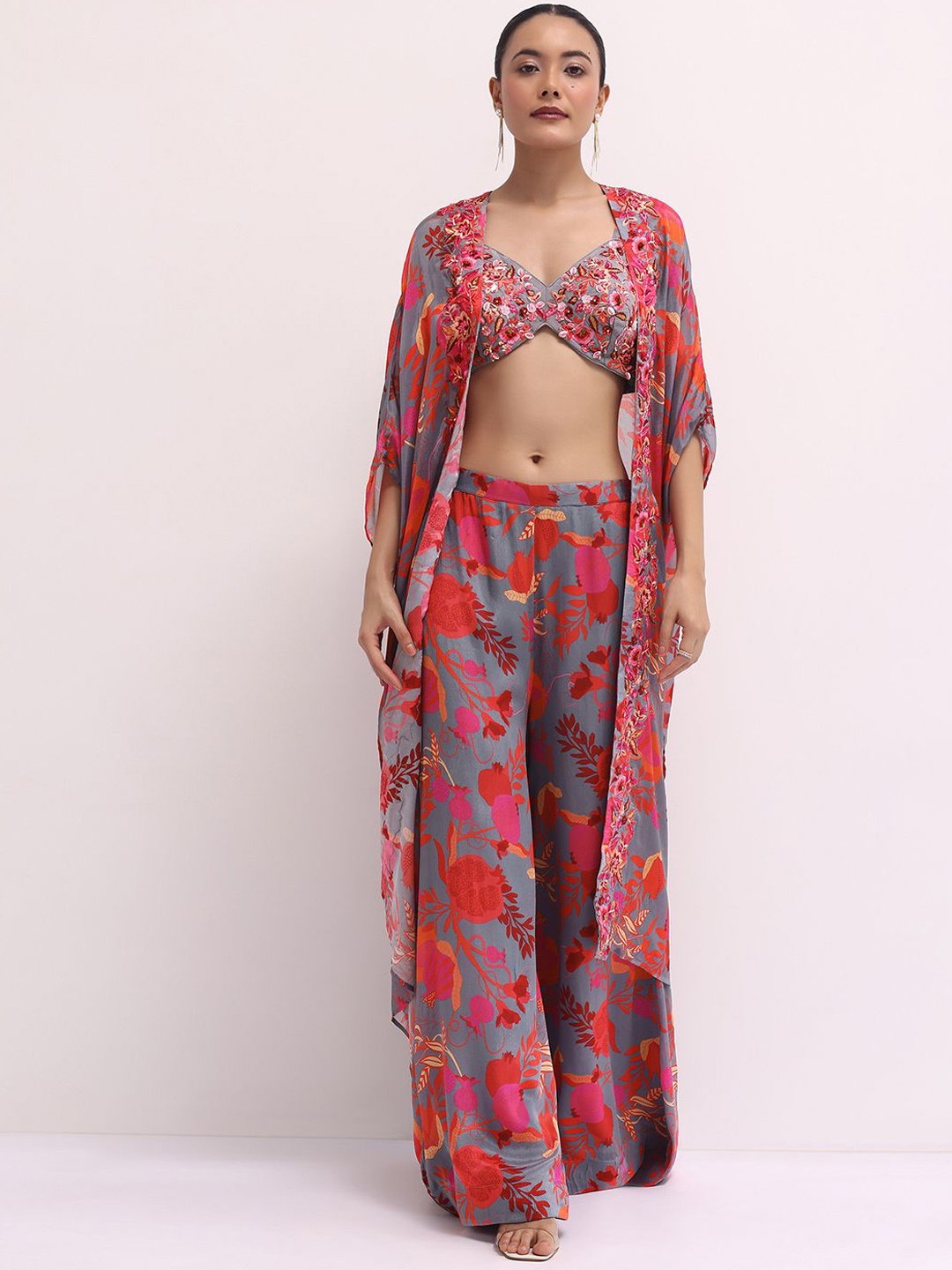 

KALKI Fashion Embroidered Sequin Work Top With Palazzo & Shrug, Grey