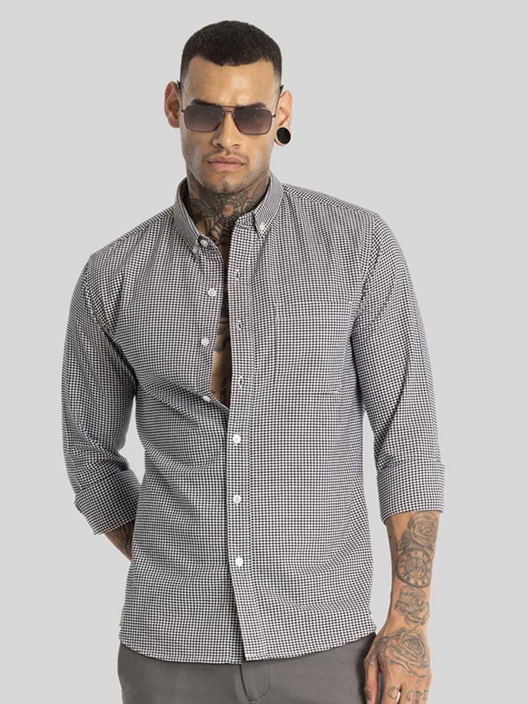 

Snitch Men Smart Button-Down Collar Micro Checked Cotton Slim Fit Casual Shirt, Black