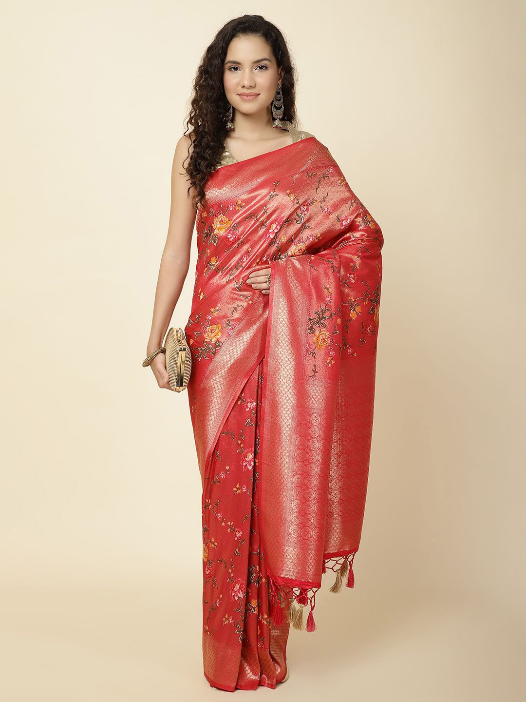 

Meena Bazaar Ethnic Motifs Zari Art Silk Banarasi Saree, Pink