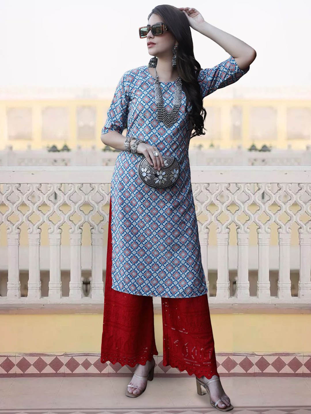 

7Threads Floral Printed Straight Kurta, Blue