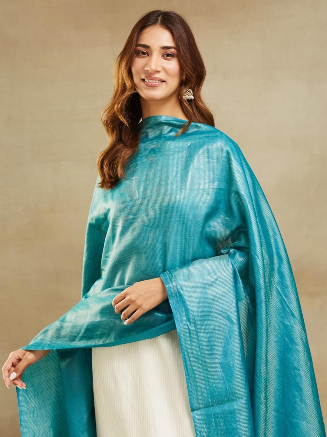 

Fabindia Striped Tasselled Border Dupatta, Turquoise blue