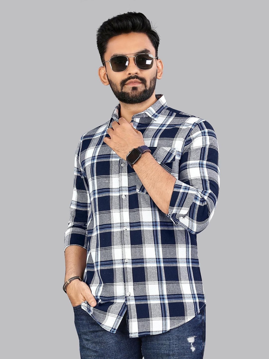 

ADWYN PETER Men Classic Tartan Checks Opaque Checked Casual Shirt, Blue