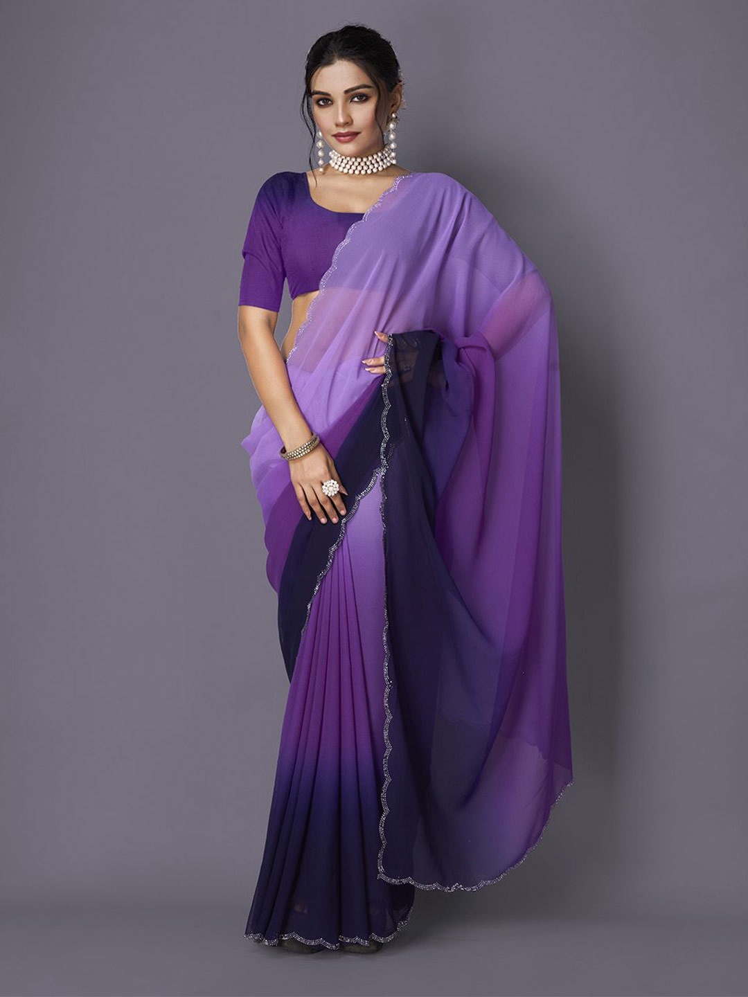 

NIRMAL CREATION Ombre Beads and Stones Saree, Purple