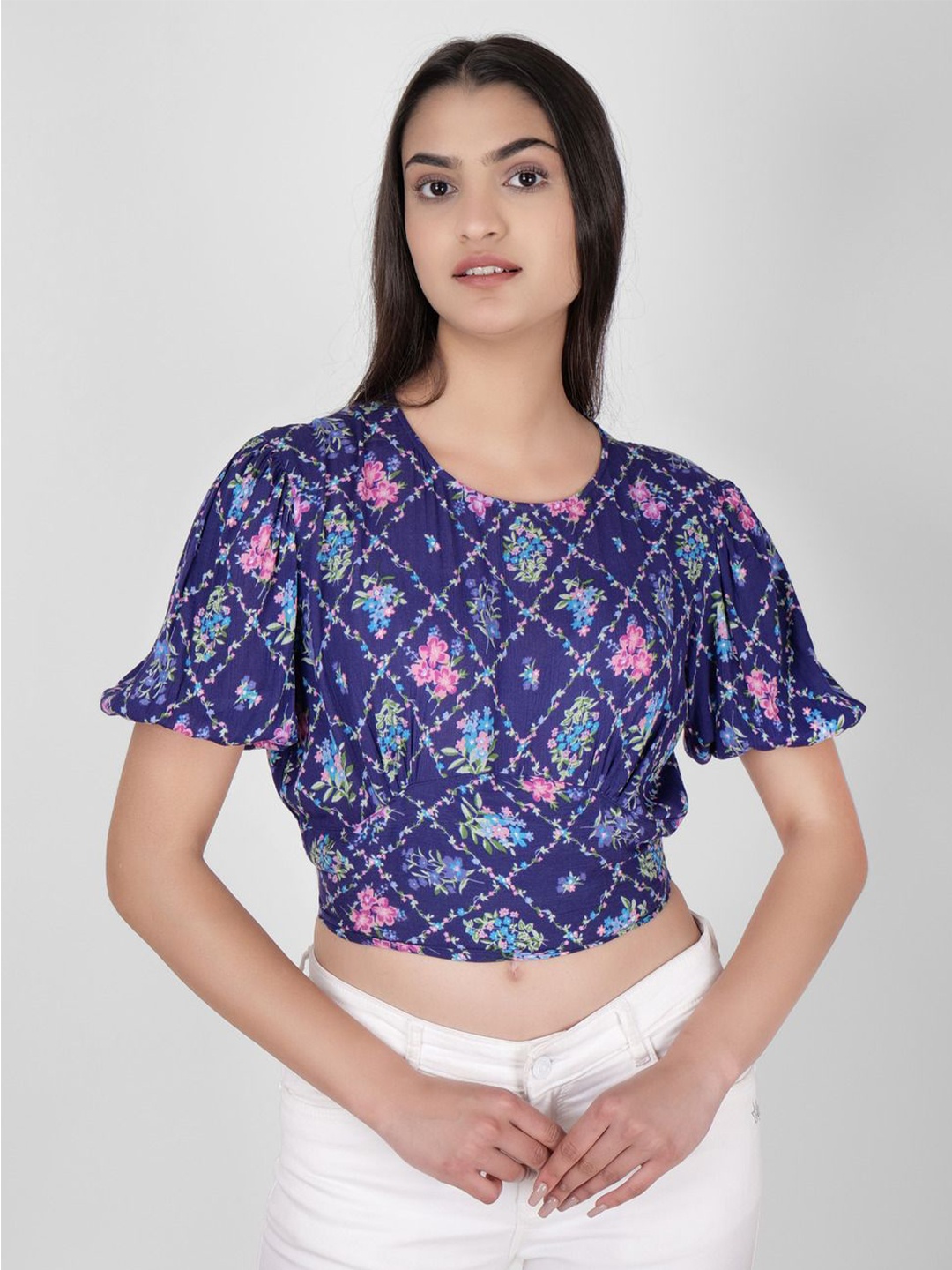 

Street22 Print Crepe Crop Top, Blue