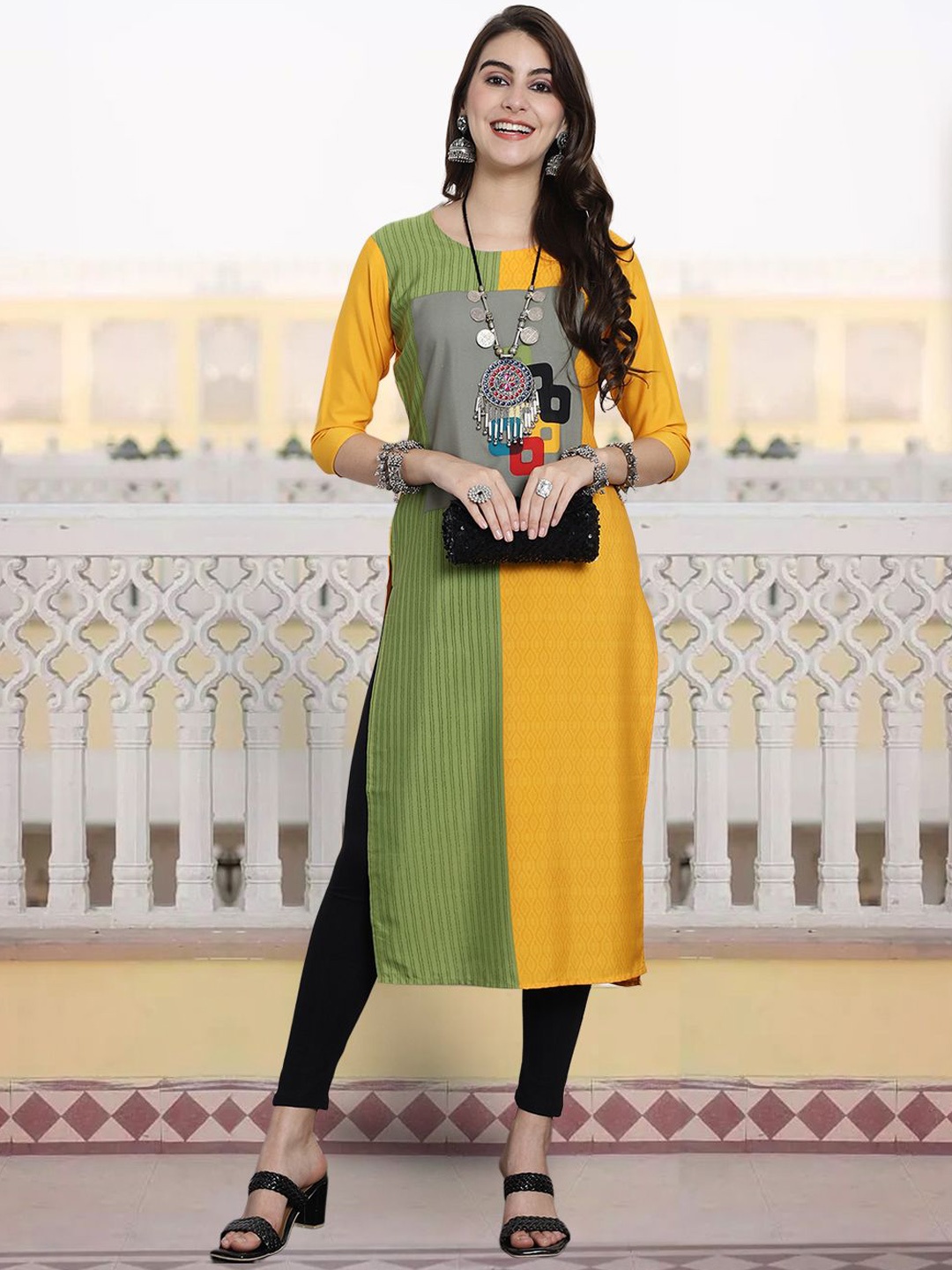 

7Threads Colourblocked Round Neck Straight Kurta, Yellow
