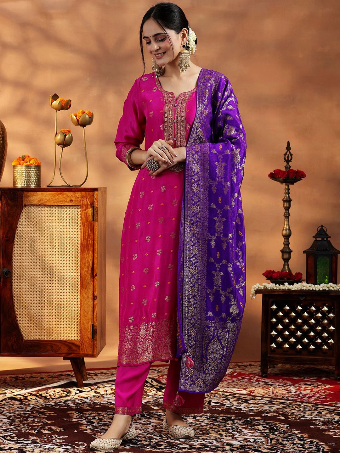 

Libas Floral Printed Straight Kurta with Palazzos & With Dupatta, Pink