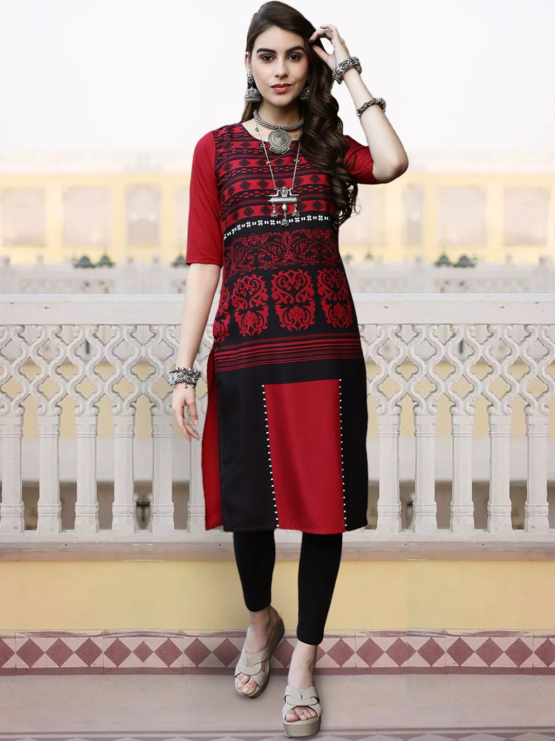 

7Threads Ethnic Motifs Digital Printed Round Neck Straight Kurta, Red