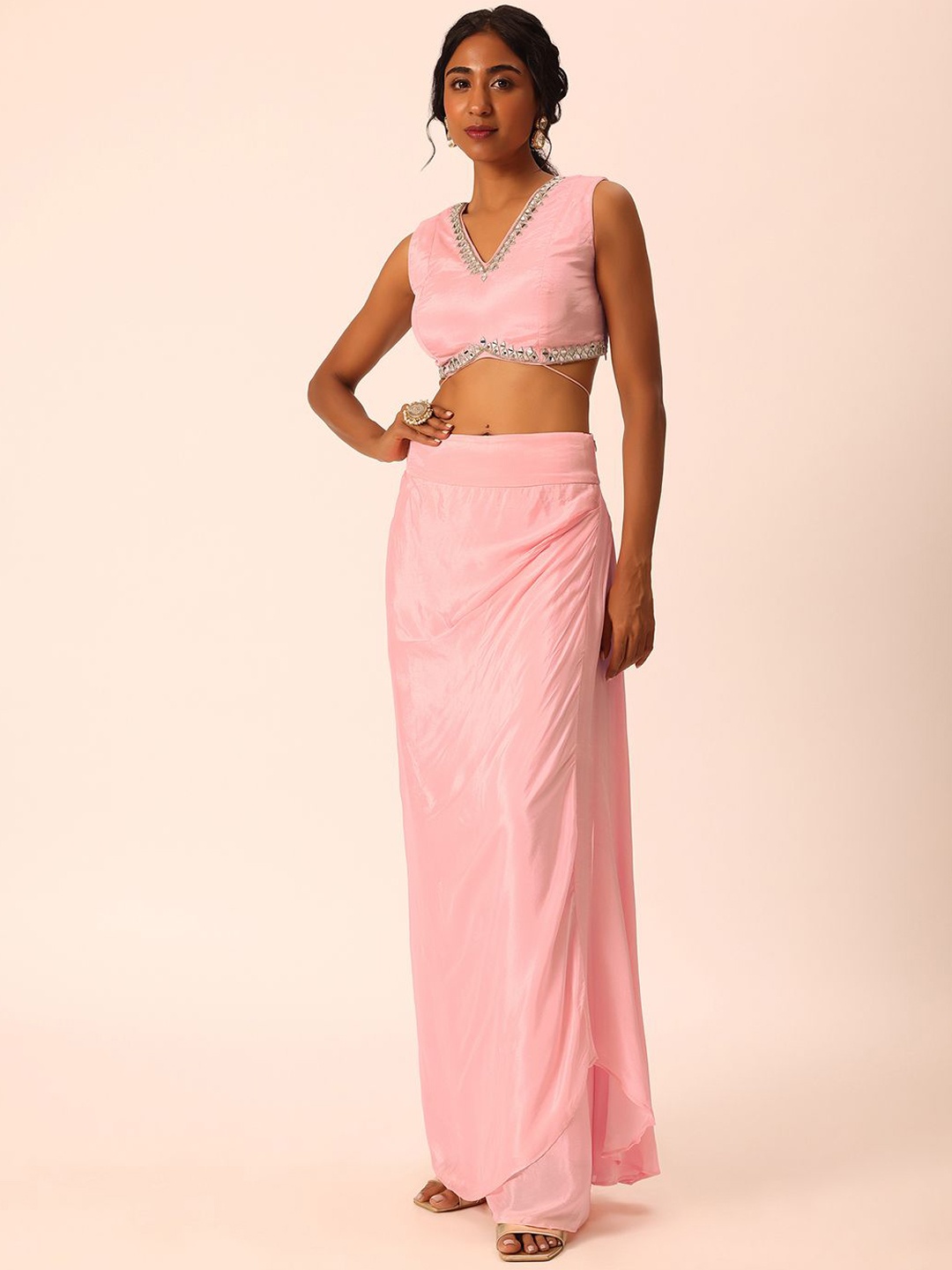 

KALKI Fashion Embellished V-Neck Top And Dhoti Skirt & Shrug, Pink