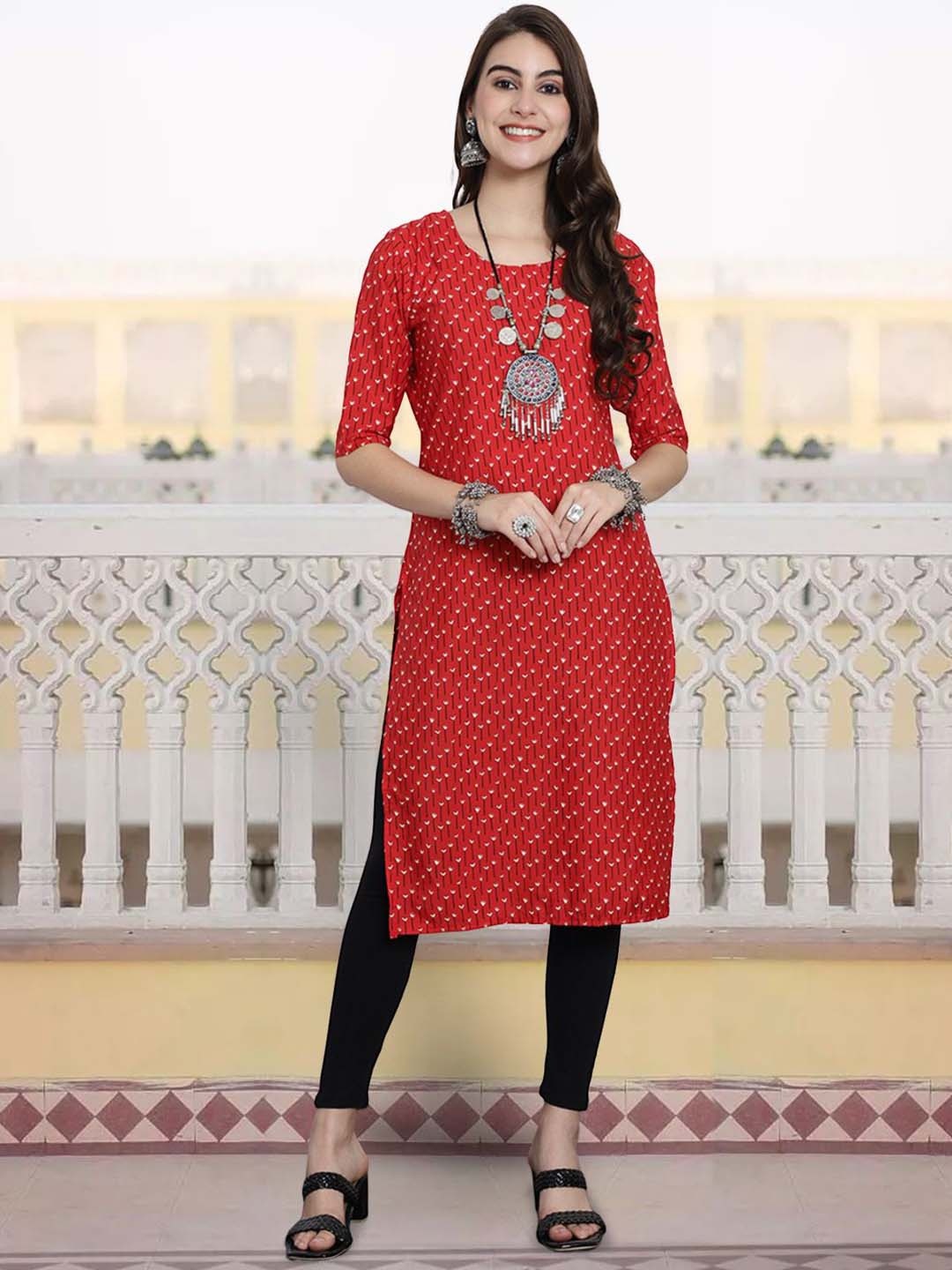 

7Threads Geometric Printed Round Neck Straight Kurta, Red