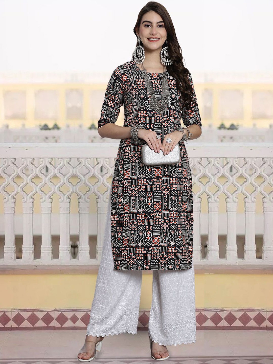 

7Threads Women Ethnic Motifs Checked Keyhole Neck Sequinned Floral Crepe Kurta, Multi