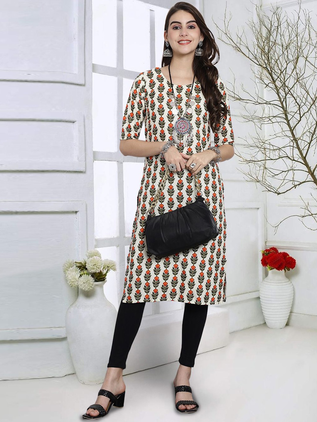 

7Threads Floral Printed Round Neck Straight Kurta, Beige