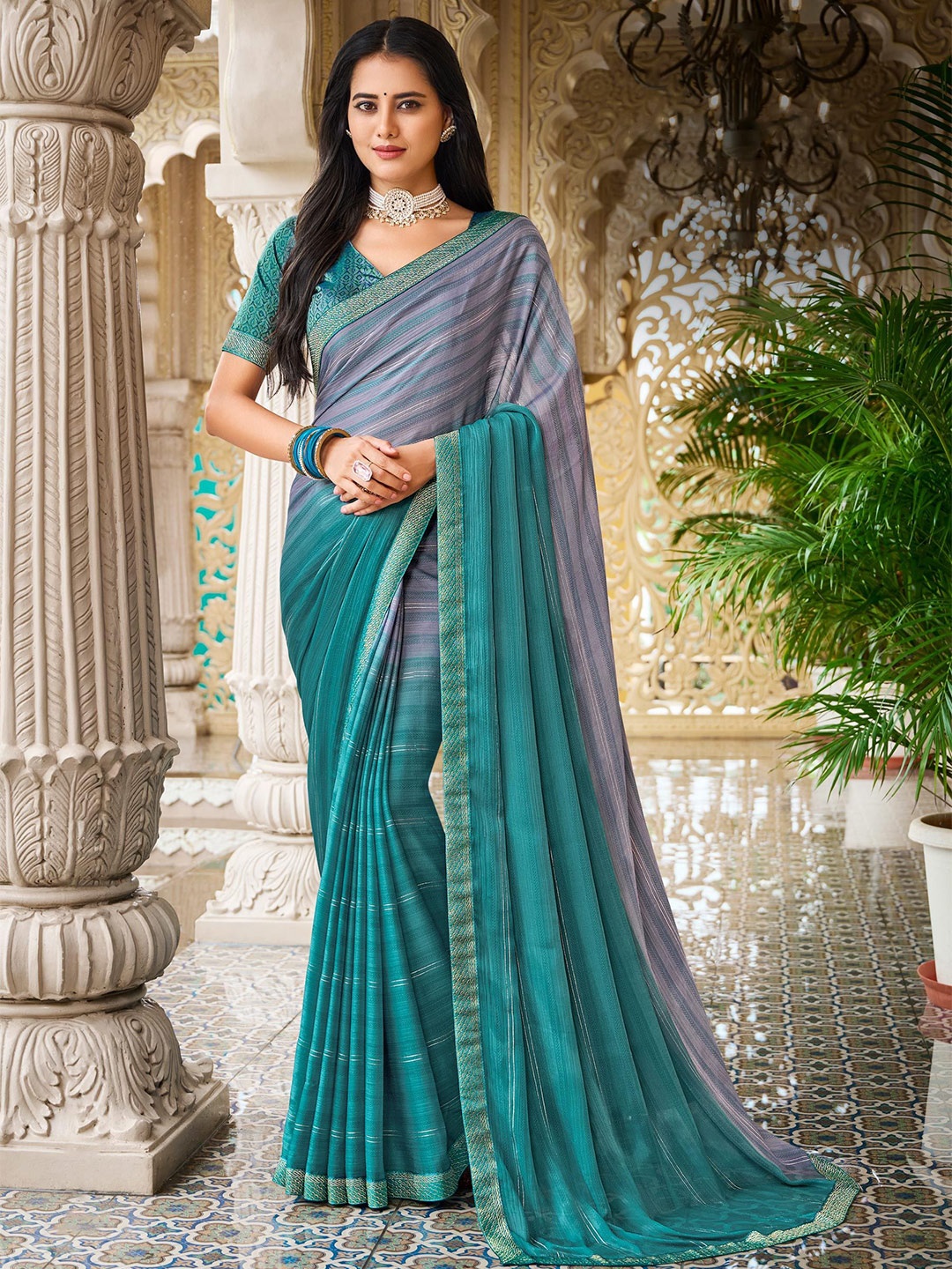 

Laxmipati Striped Poly Chiffon Saree, Sea green