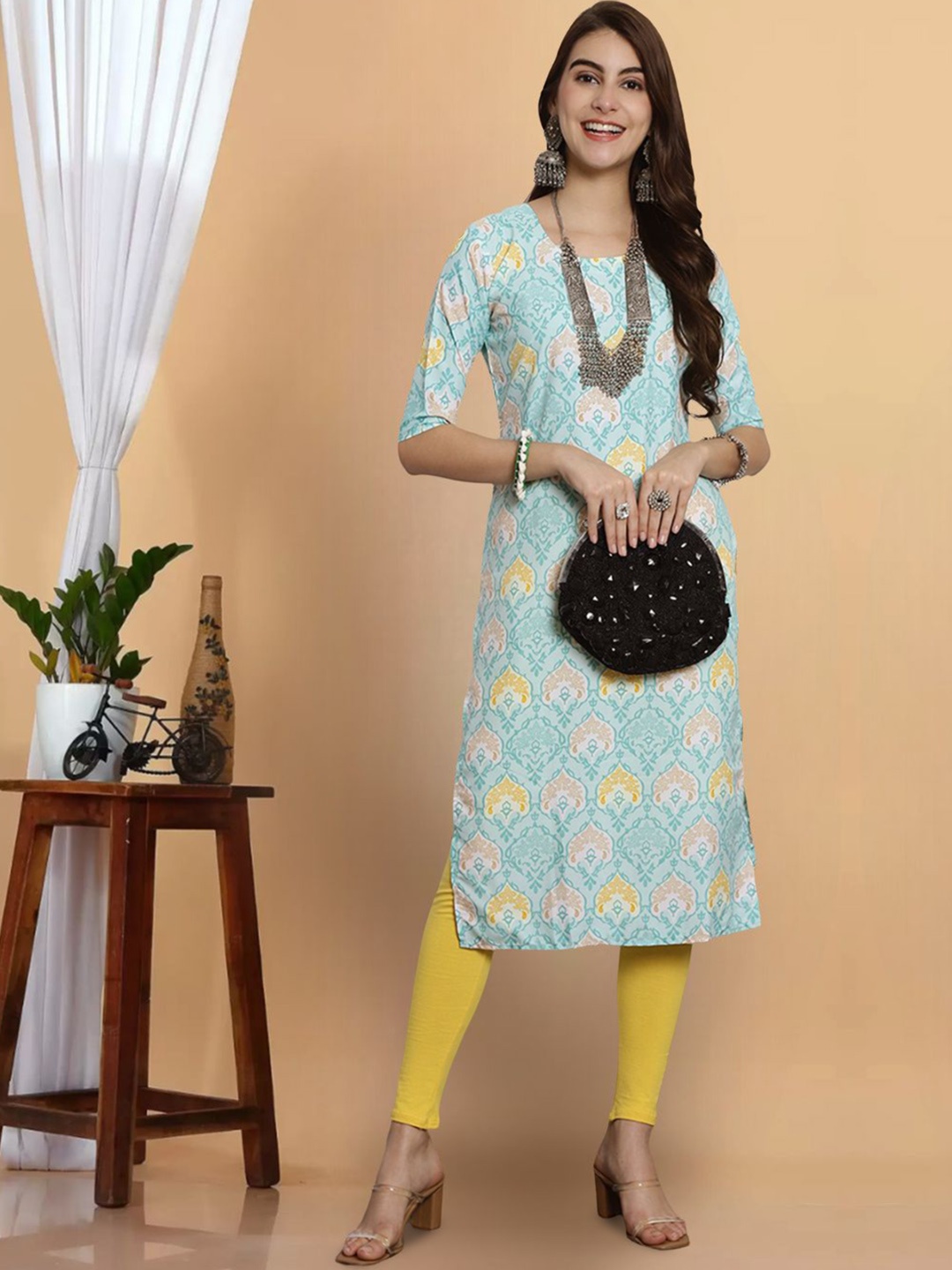 

7Threads Ethnic Motifs Printed Round Neck Straight Kurta, Blue