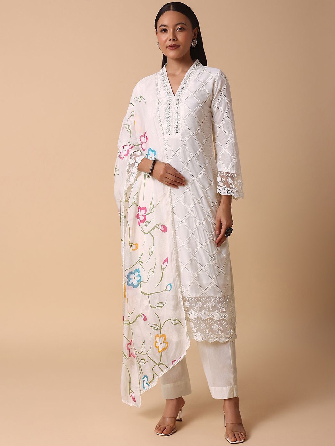 

KALKI Fashion Self Design Sequinned Straight Kurta With Trousers & Dupatta, White