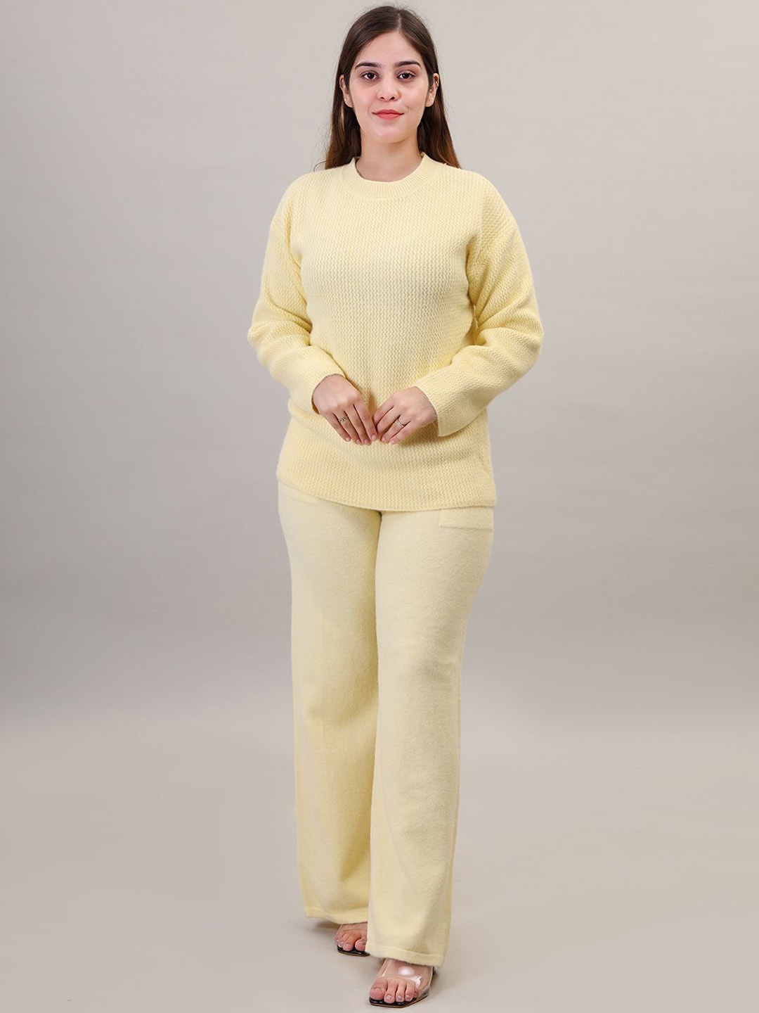 

Camey Self Design Woollen Sweater With Palazzo, Yellow