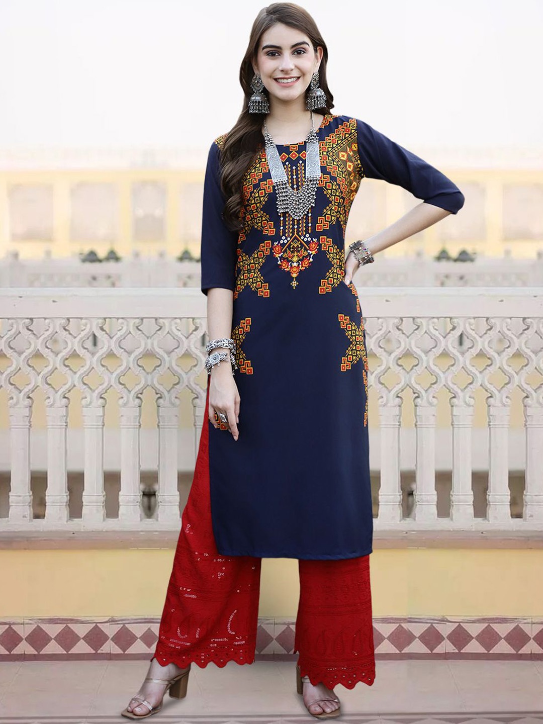 

7Threads Ethnic Motifs Printed Straight Kurta, Blue