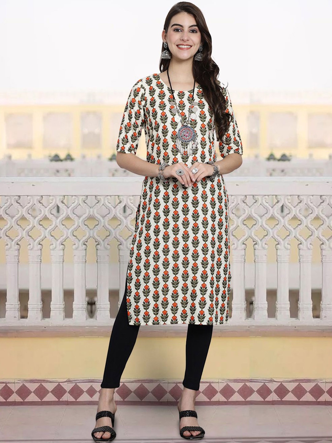 

7Threads Geometric Printed Regular Crepe Straight Kurta, Beige