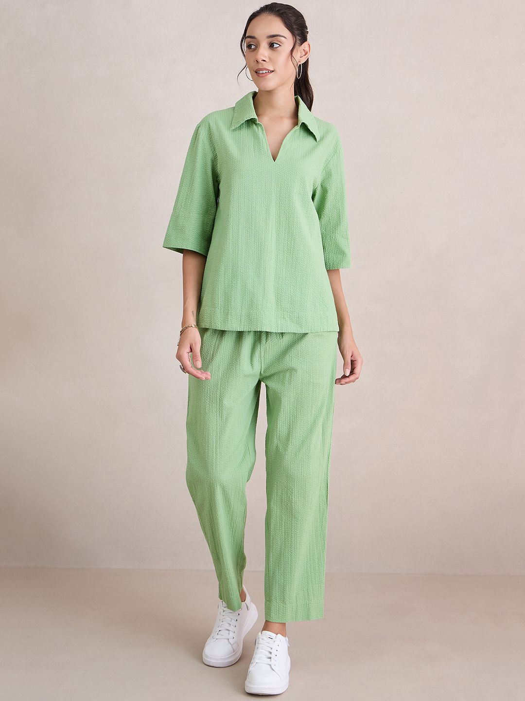 

FEMMELLA Shirt Collar Seersucker Pure Cotton Top With Trouser, Green