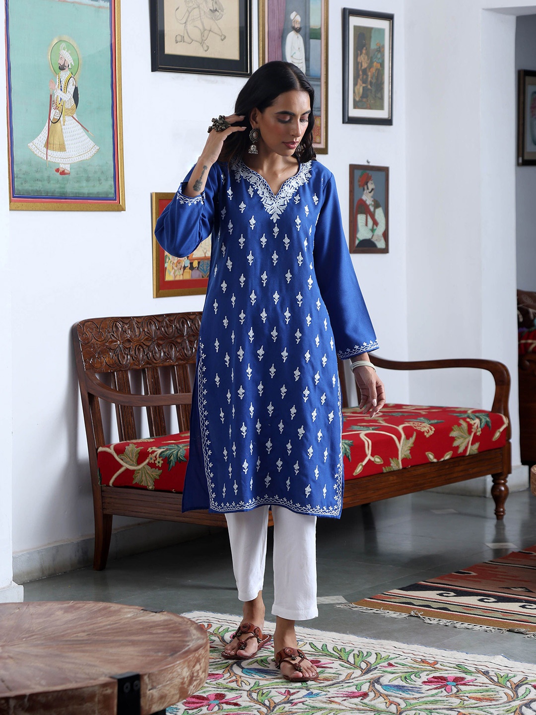 

House of Chikankari Floral Embroidered V-Neck Cotton Straight Kurta, Blue
