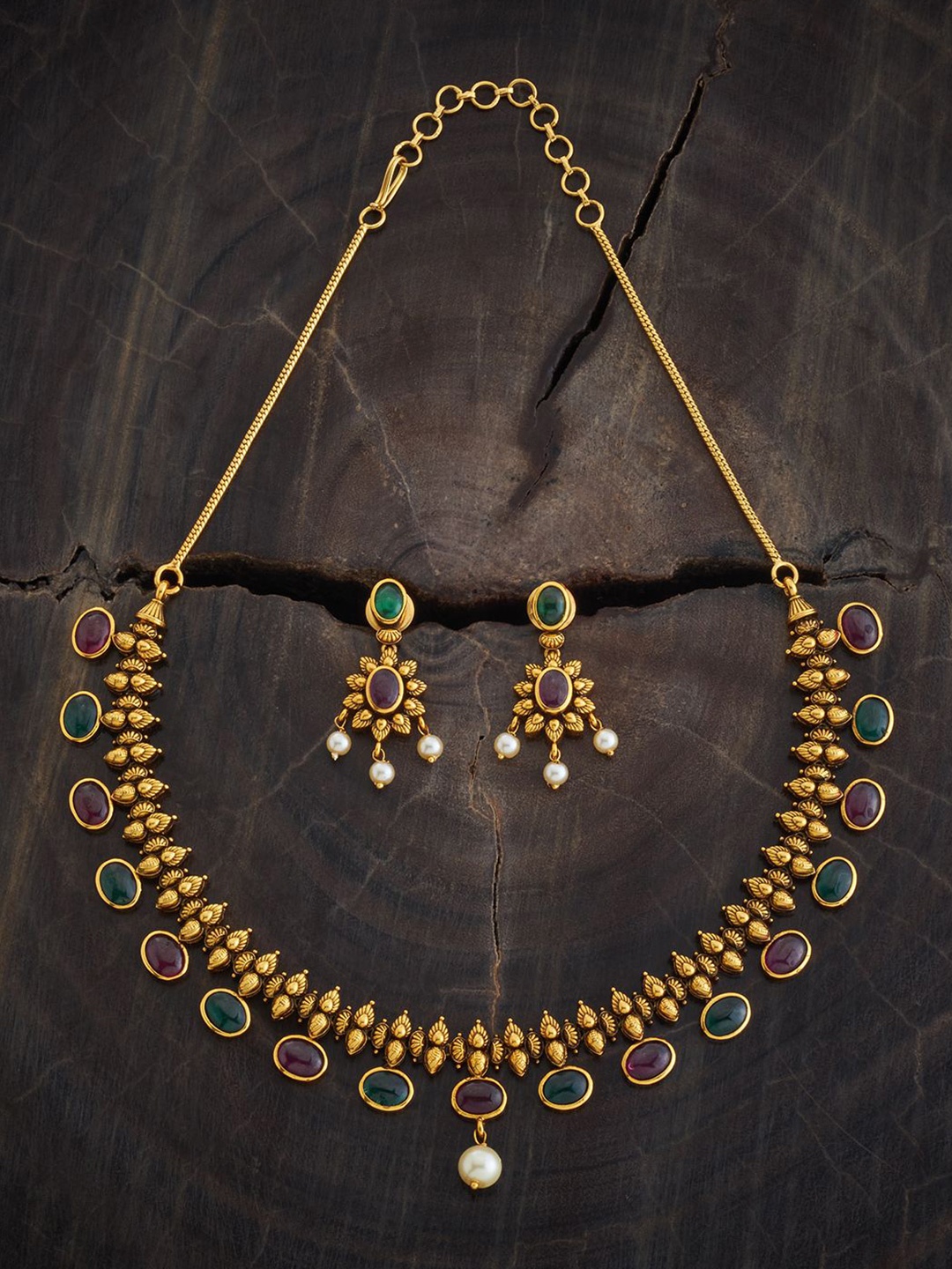 

Kushal's Fashion Jewellery Gold-Plated Stone Studded Antique Jewellery Set