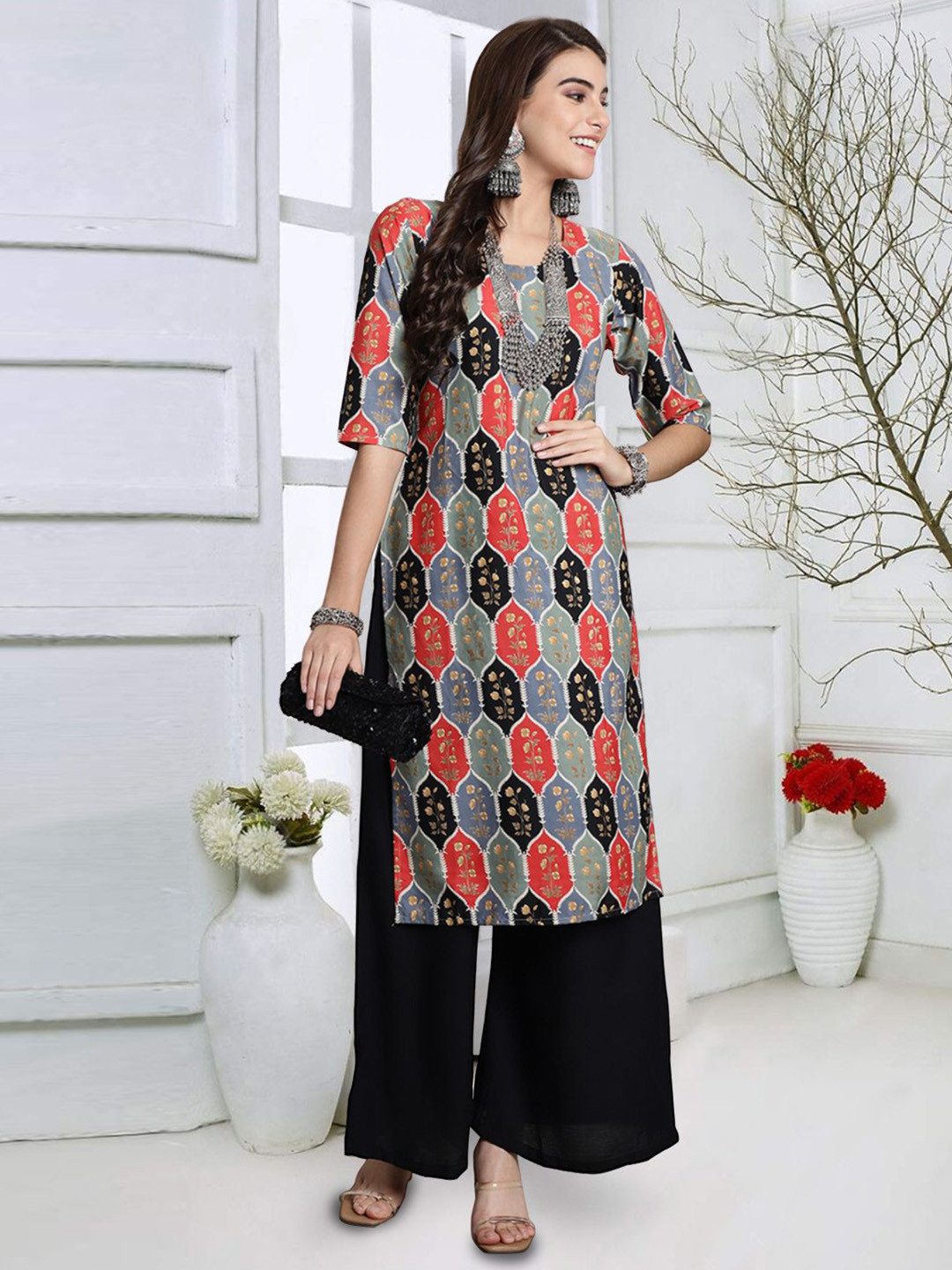 

7Threads Geometric Printed Round Neck Crepe Straight Kurta, Blue