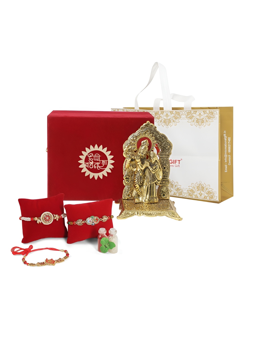 

INTERNATIONAL GIFT Set Of 3 Rakhis With Golden Shree Radha Krishna Chowki Statue Showpiece, Gold