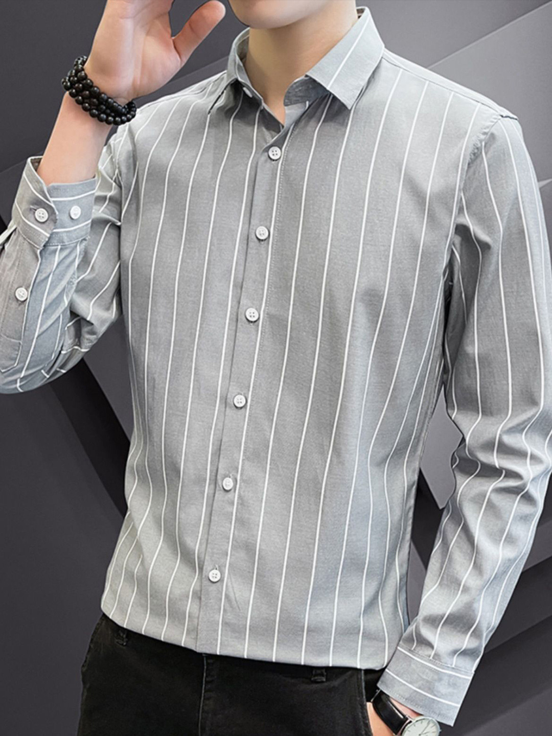 

StyleCast Men Slim Fit Opaque Striped Formal Shirt, Grey