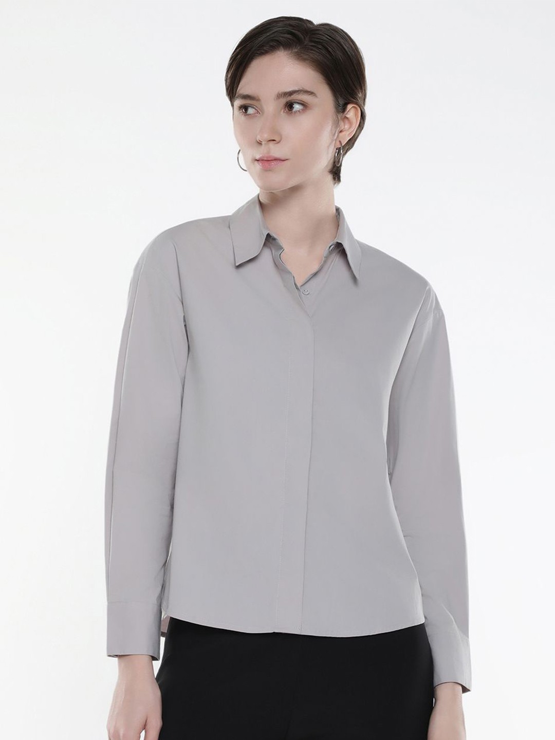 

RAREISM Women Comfort Spread Collar Solid Cotton Formal Shirt, Grey
