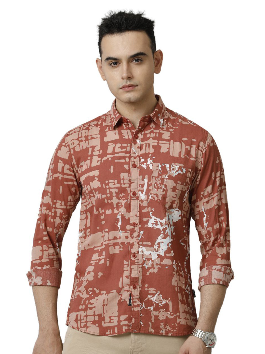 

Voi Jeans Men Slim Fit Opaque Printed Casual Shirt, Brown