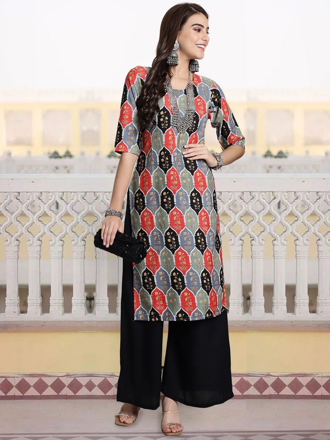 

7Threads Ethnic Motifs Printed Crepe Straight Kurta, Grey