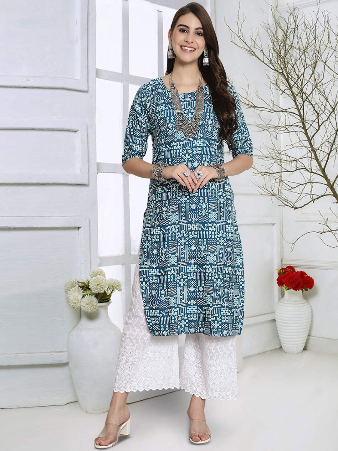 

7Threads Floral Printed Straight Kurta, Blue