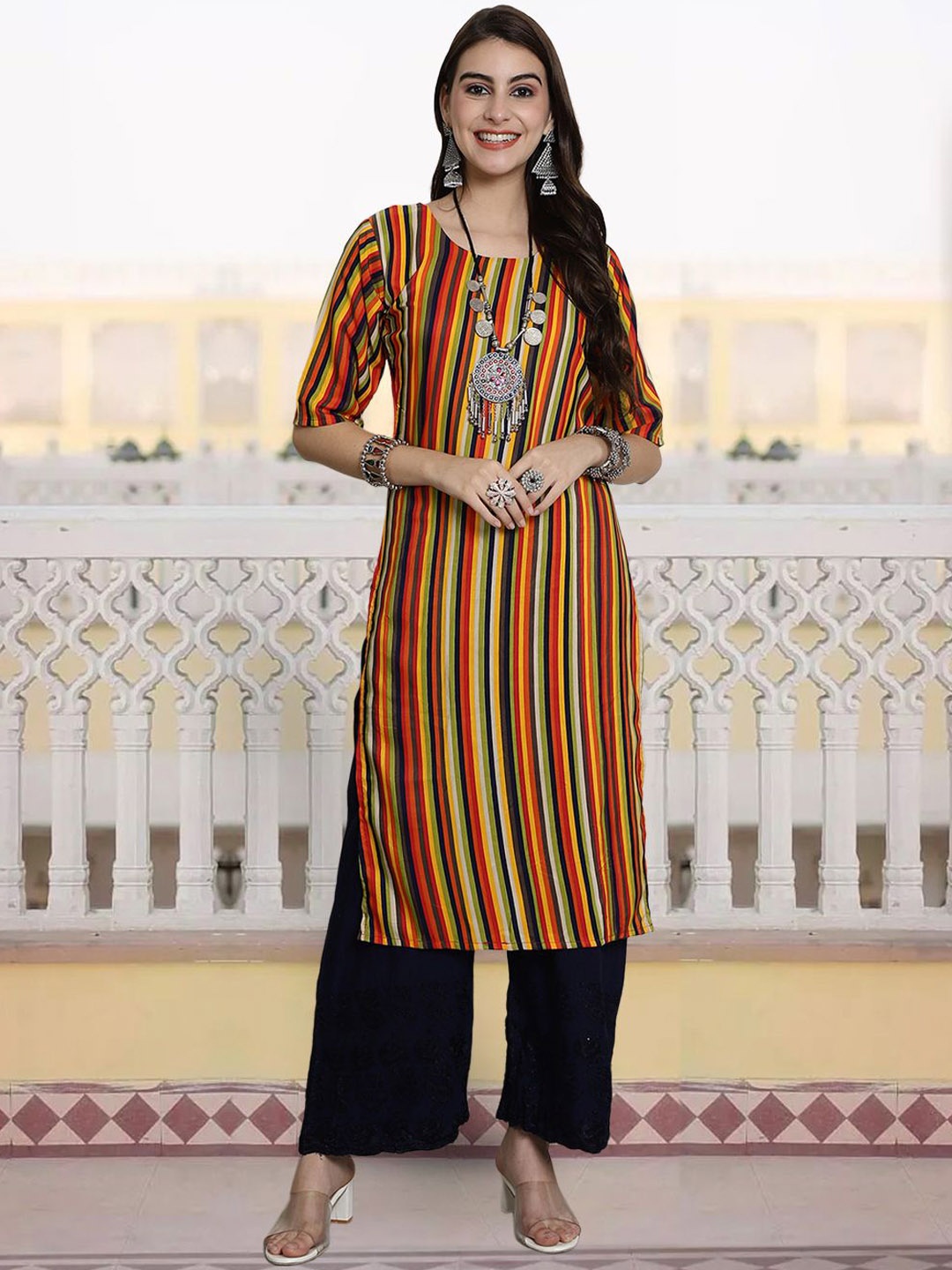 

7Threads Striped Round Neck Straight Kurta, Black