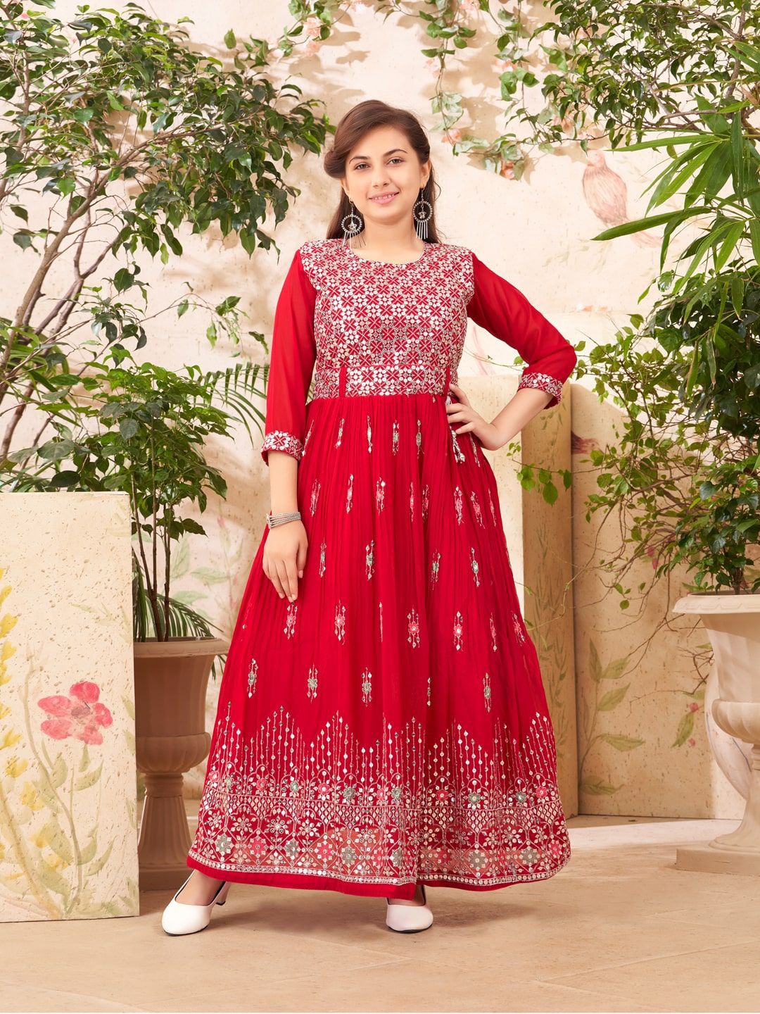 

Aarika Ethnic Motifs Embroidered Georgette Maxi Dress, Red