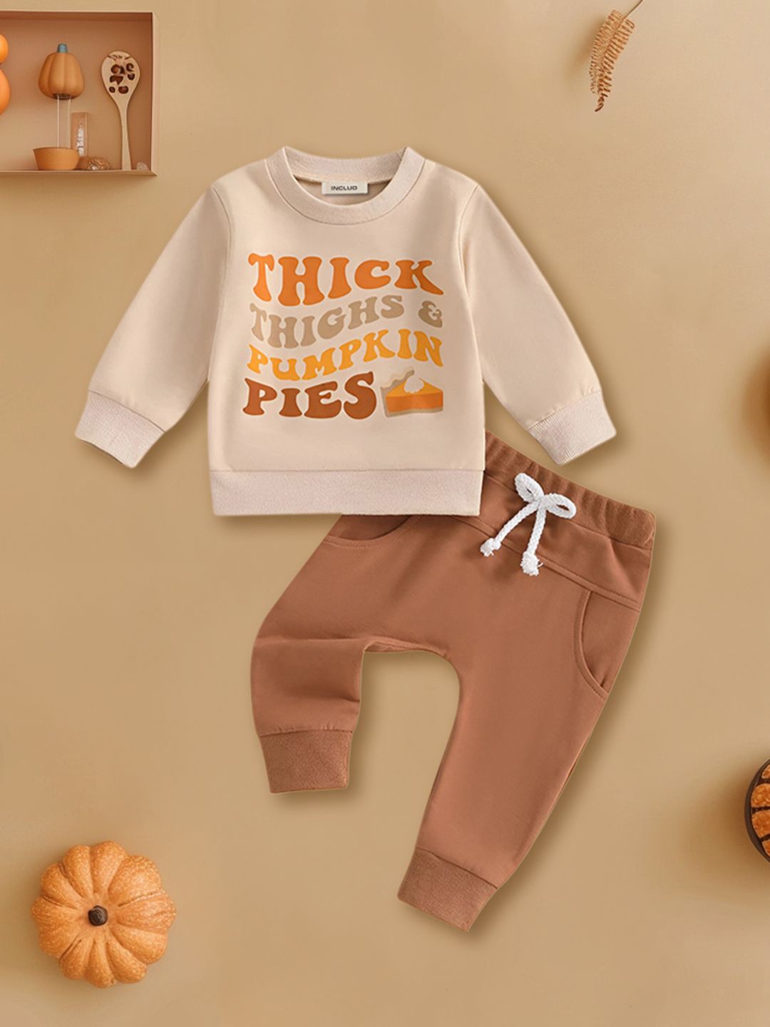 

INCLUD Boys Printed Round Neck Sweatshirts With Trouser, Beige