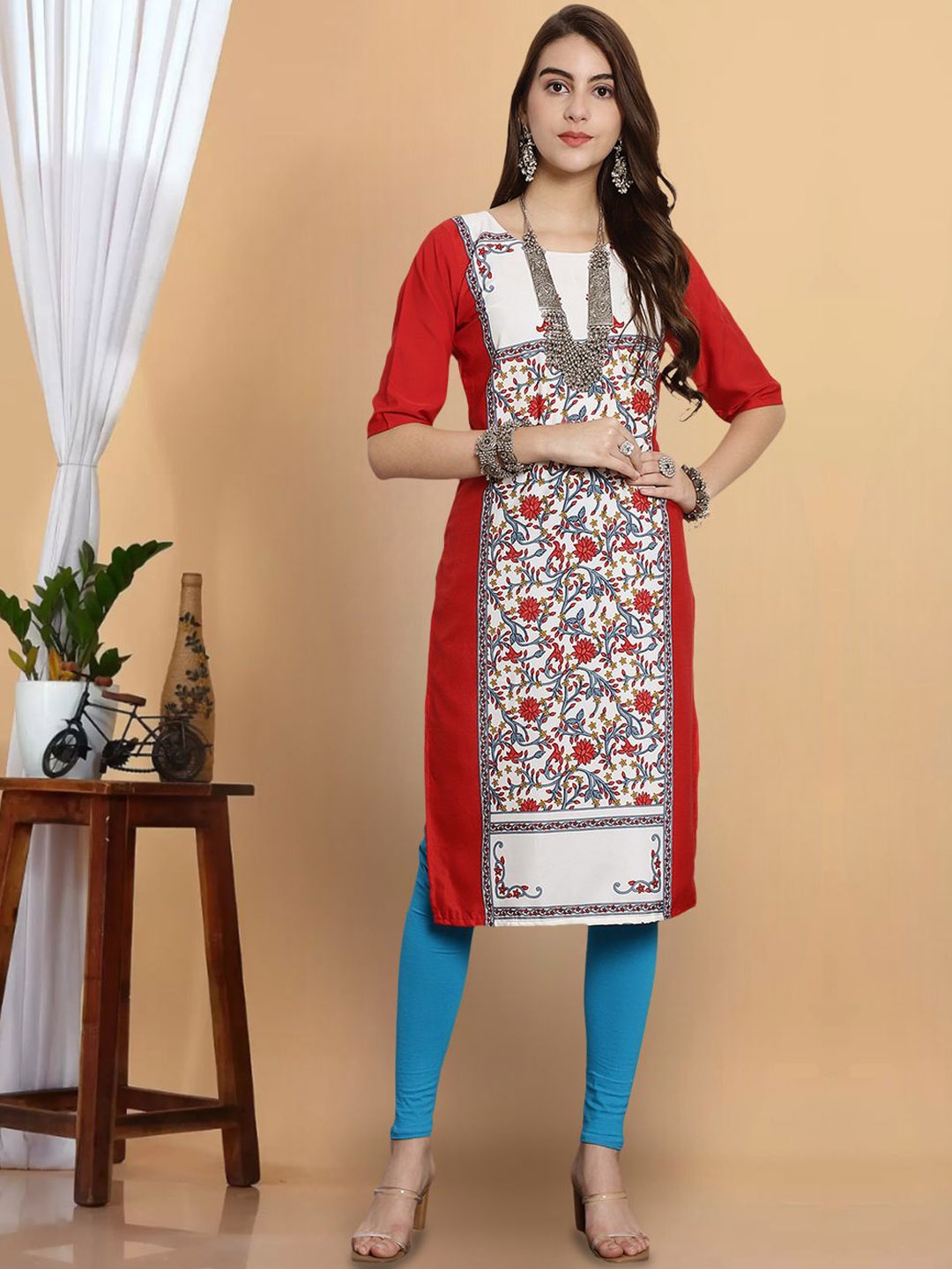 

7Threads Floral Printed Round Neck Straight Kurta, Red
