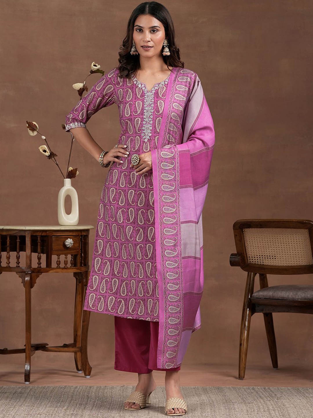 

Libas Paisley Printed Zari Work Straight Kurta With Palazzos & Dupatta, Pink