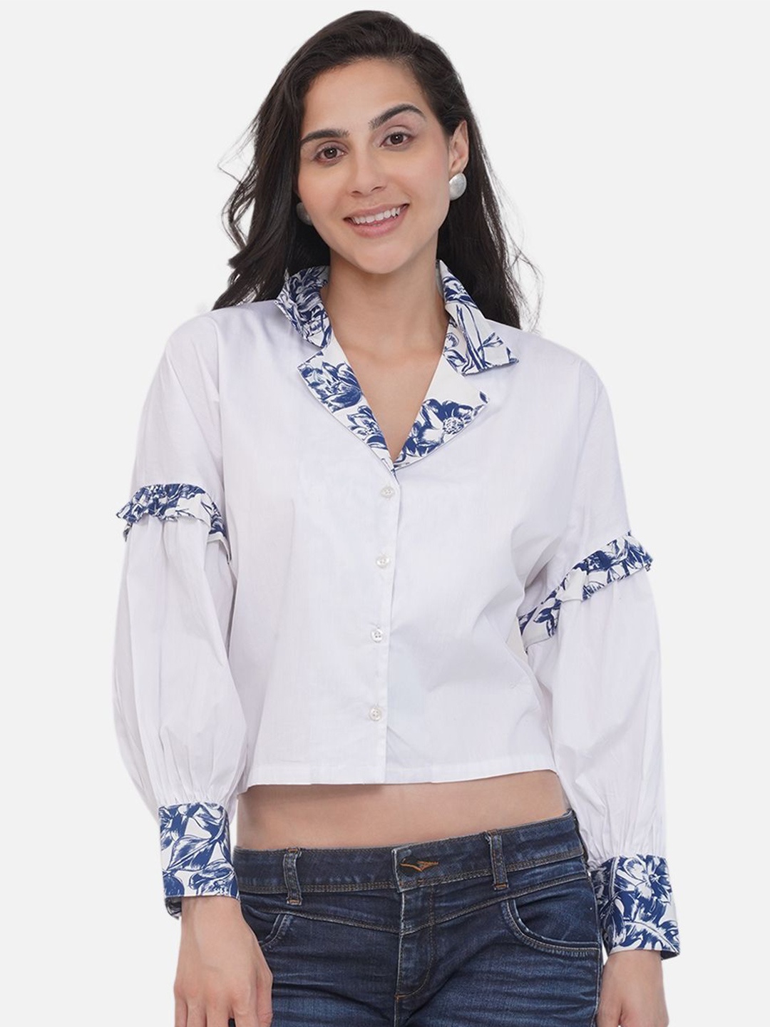 

KALINI Women Solid Shirt Collar Cotton Top, White