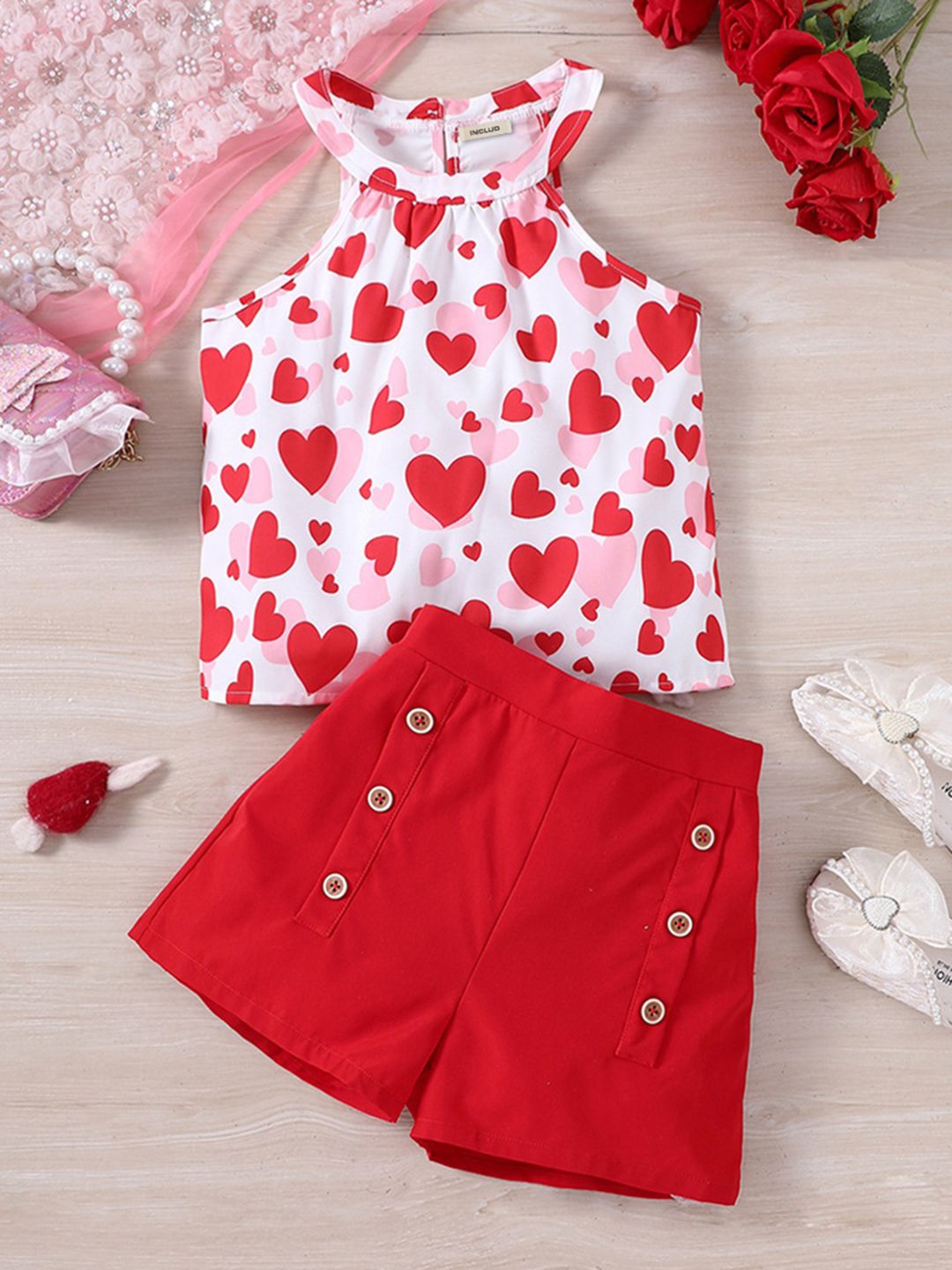 

INCLUD Girls Printed Halter Neck Top With Shorts, Red
